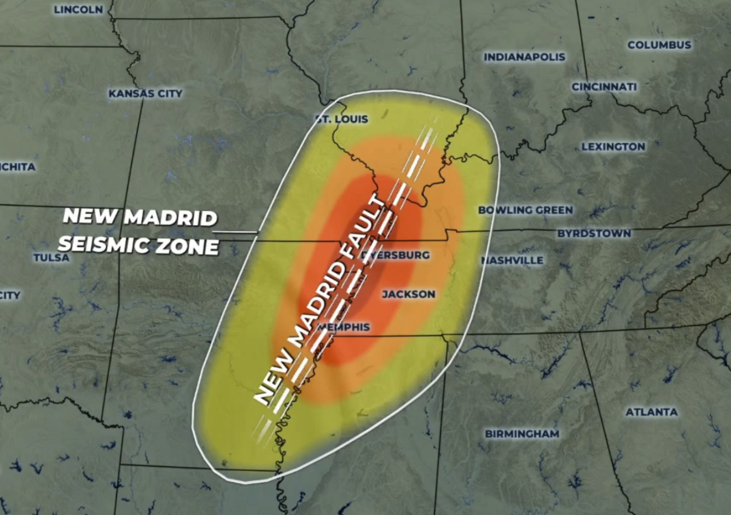 Map showing the New Madrid Seismic Zone and fault area